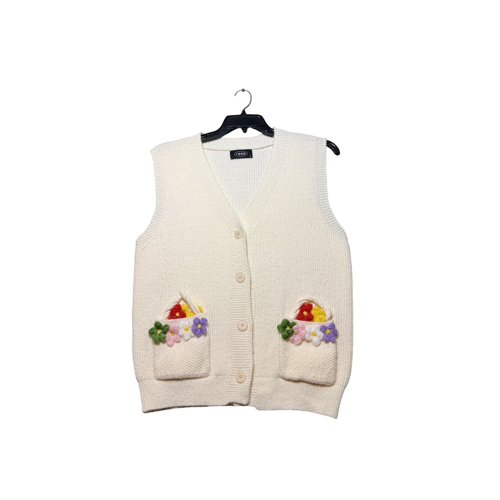 CIDER Sweater Vest Women Small Cream Excellent Floral Knit‎ V-Neck Button Front